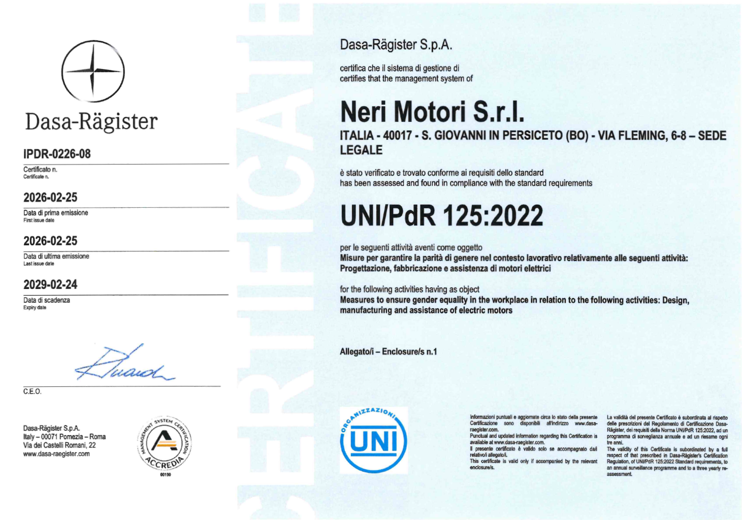 Certificazione Parit&agrave; di Genere (UNI/PdR 125:2022)